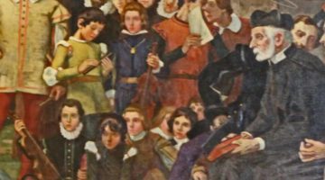 Joan Llimona: “Deo Gratias”. Sant Felip Neri fent catequesi al turó de Sant Onorfrio, a Roma, 1902. Pintura a l’església de Sant Felip Neri.