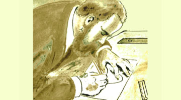 “Gaudí trabajando en el obrador de la Sagrada Familia”, 1900. Dibujo Ricard Opisso. Font: fundacion Antonio Gaudí